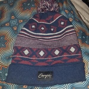 Empyre Blue & Burgundy Knit Pom Beanie with Geometric Pattern